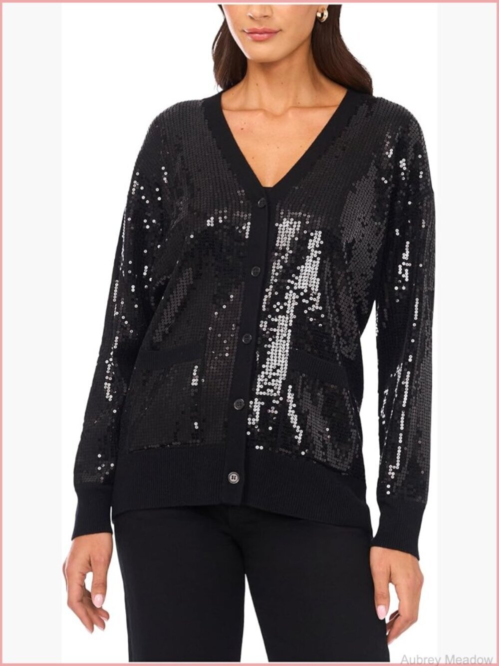 V-Neck Cardigan with Sequins Button Front Long Sleeve Knit Layer